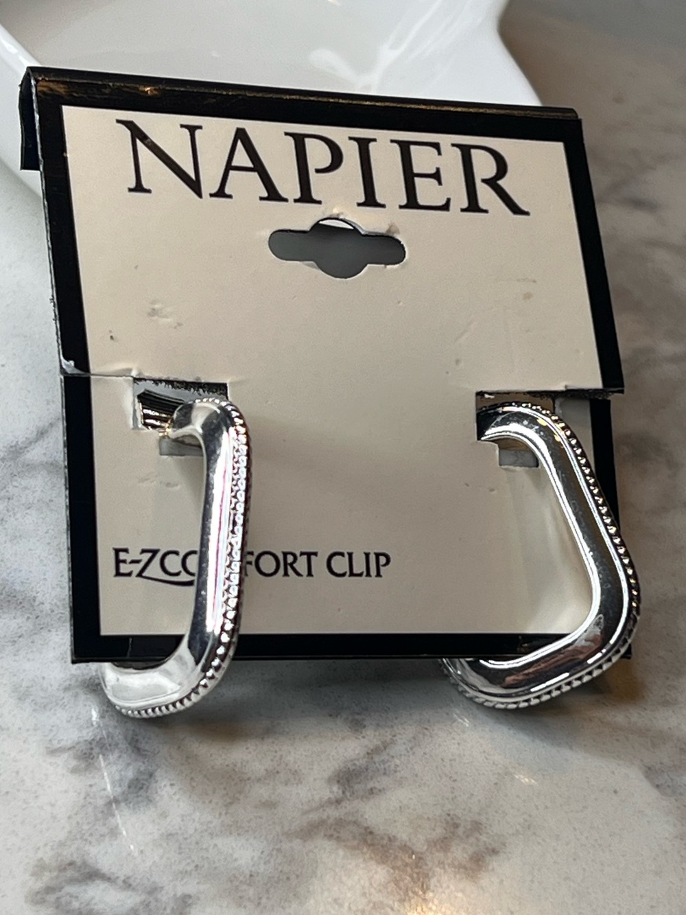 Napier Shiny Silver Textured Clip Hoop Earrings
